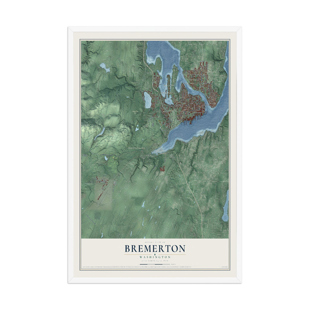 Map of Bremerton, Washington, 12 x 18 inch print in a white wood frame