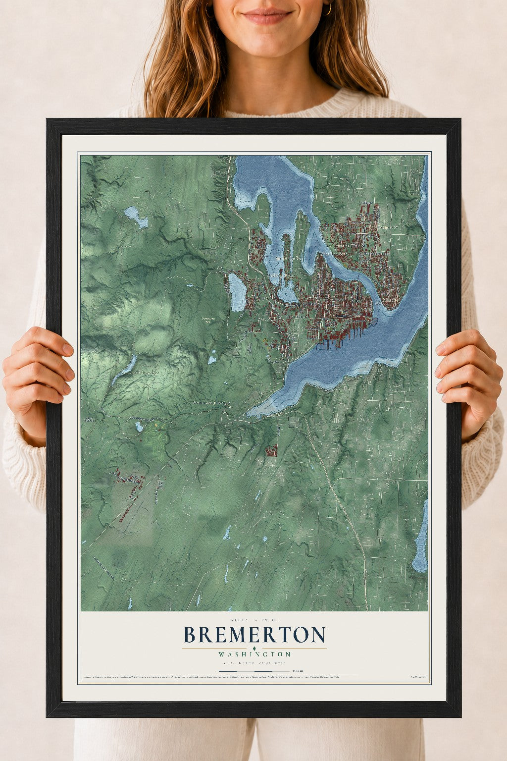 Map of Bremerton, Washington, 18 x 24 inch print in a black wood frame