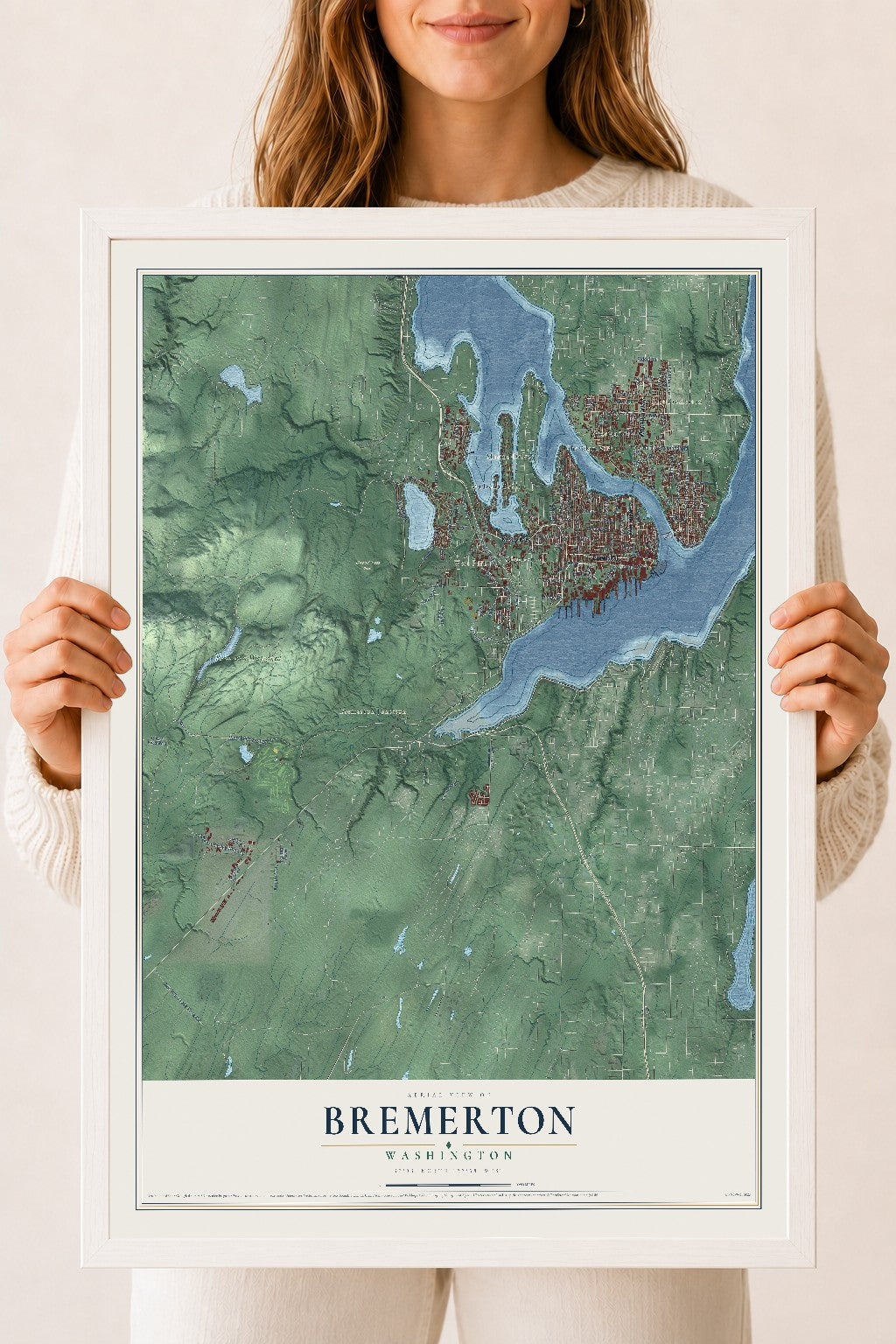 Map of Bremerton, Washington, 18 x 24 inch print in a white wood frame