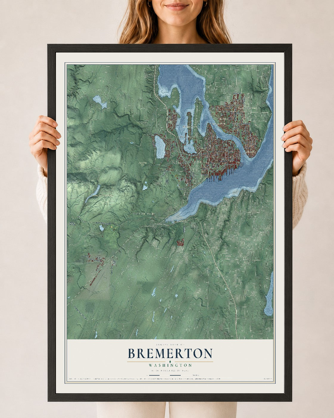 Map of Bremerton, Washington, 24 x 36 inch print in a black wood frame