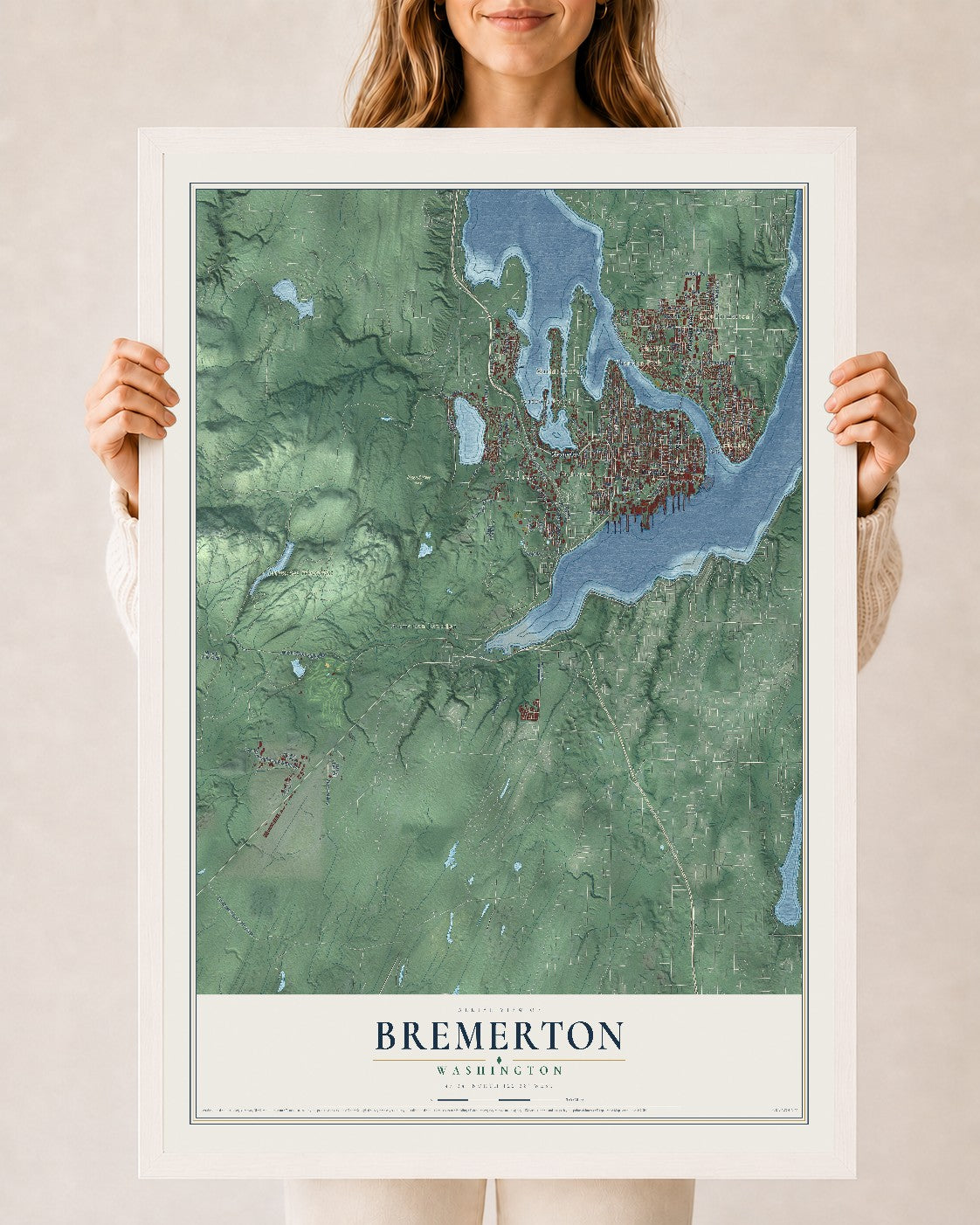 Map of Bremerton, Washington, 24 x 36 inch print in a white wood frame