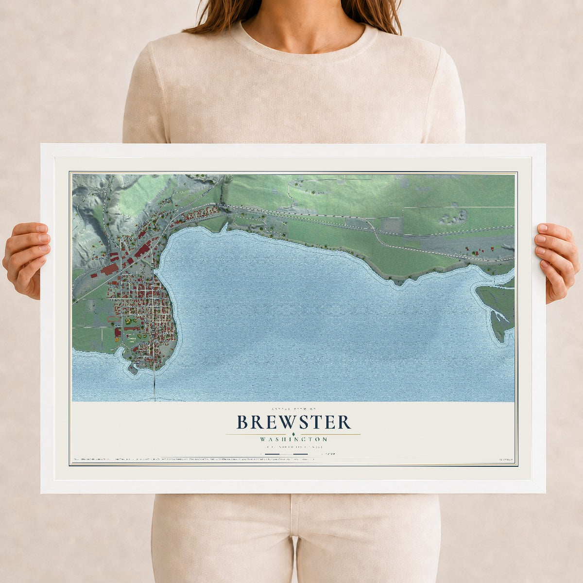 Map of Brewster, Washington, 12 x 18 inch print in a white wood frame