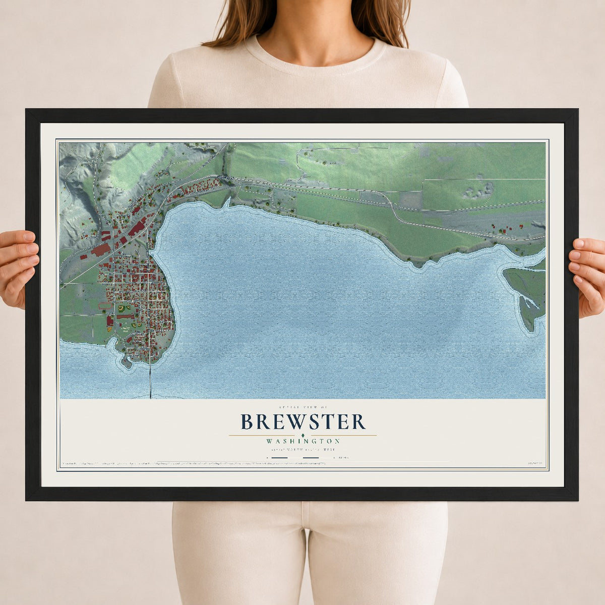 Map of Brewster, Washington, 18 x 24 inch print in a black wood frame