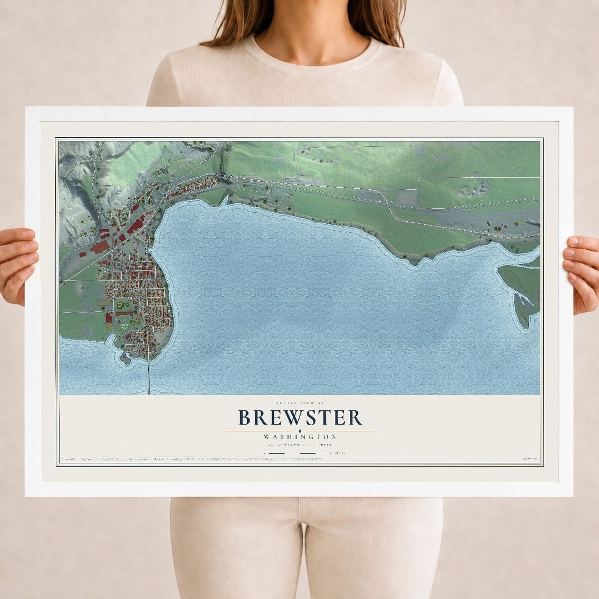 Map of Brewster, Washington, 18 x 24 inch print in a white wood frame