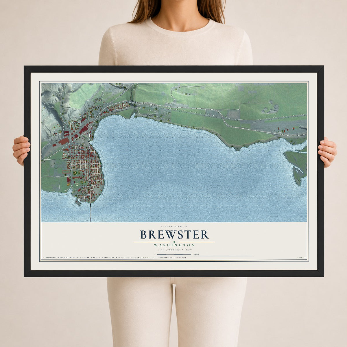 Map of Brewster, Washington, 24 x 36 inch print in a black wood frame