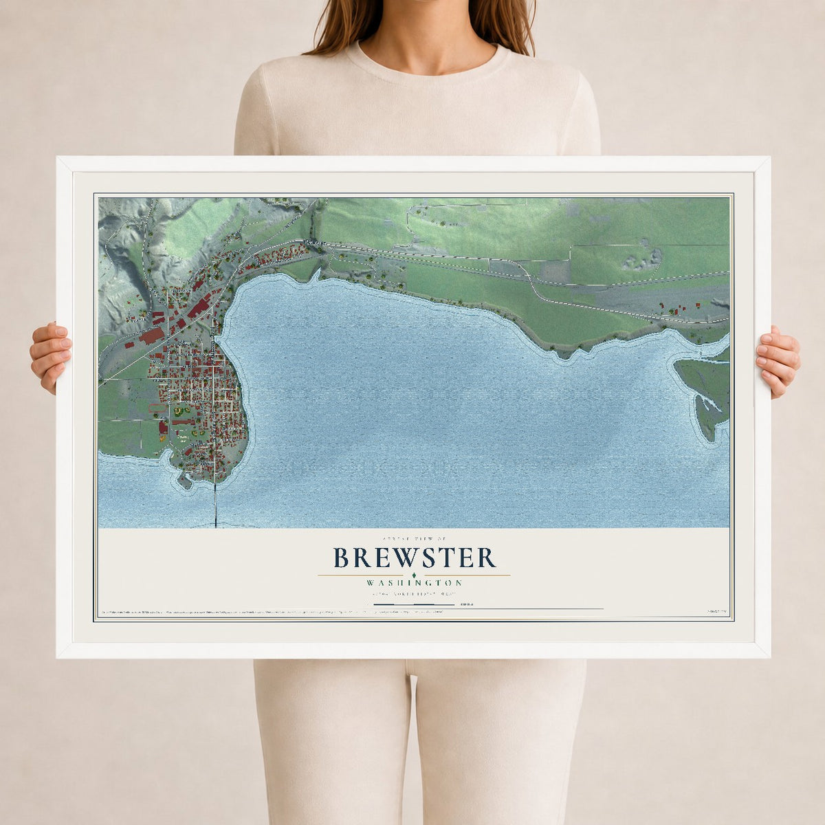 Map of Brewster, Washington, 24 x 36 inch print in a white wood frame