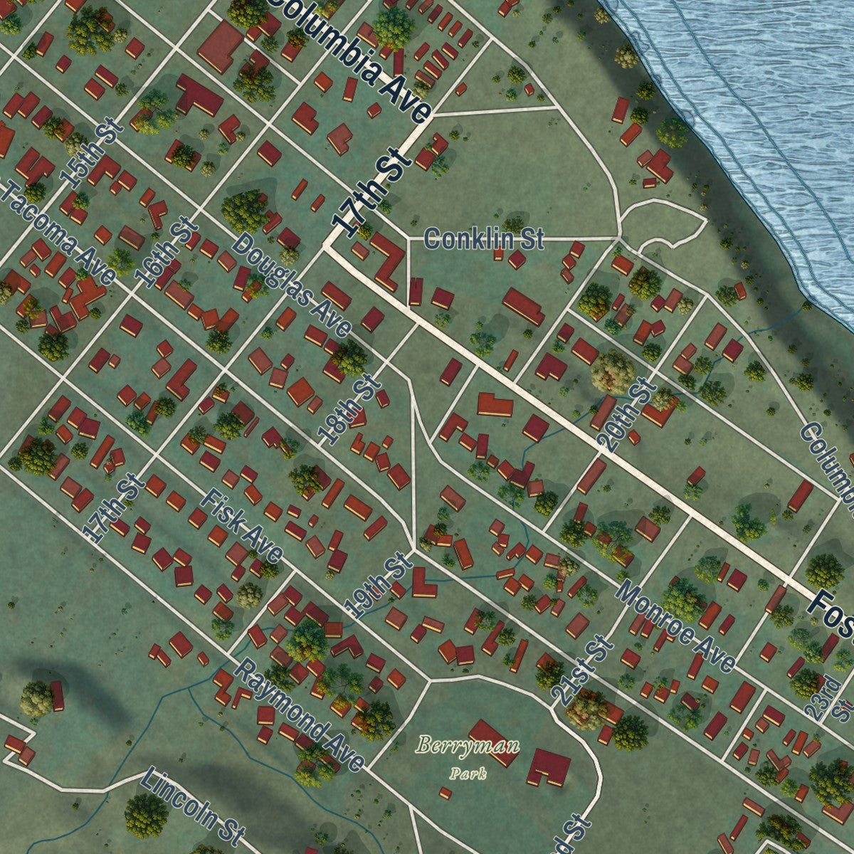 Close-up of the map of Bridgeport, Washington print showing street and building detail