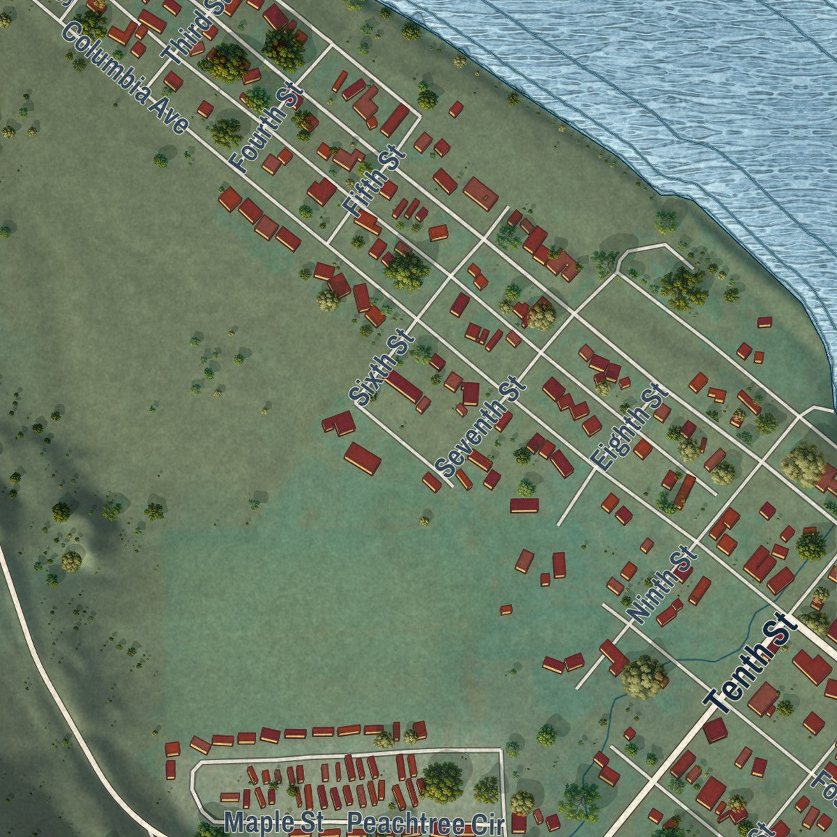 Second close-up of the map of Bridgeport, Washington print showing more streets and buildings