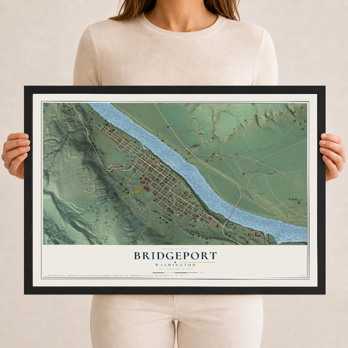 Map of Bridgeport, Washington, 12 x 18 inch print in a black wood frame