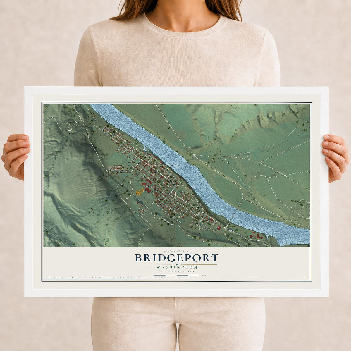 Map of Bridgeport, Washington, 12 x 18 inch print in a white wood frame
