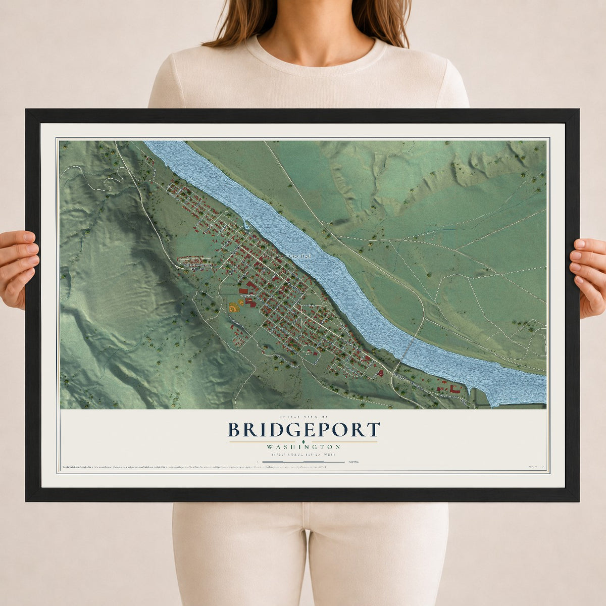 Map of Bridgeport, Washington, 18 x 24 inch print in a black wood frame