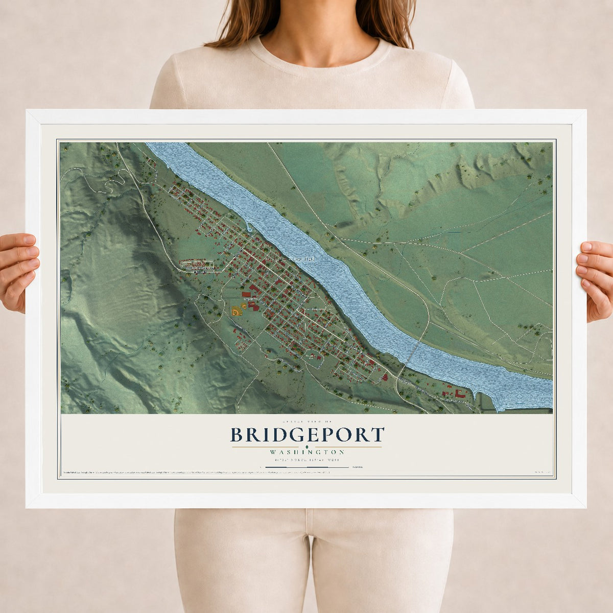 Map of Bridgeport, Washington, 18 x 24 inch print in a white wood frame