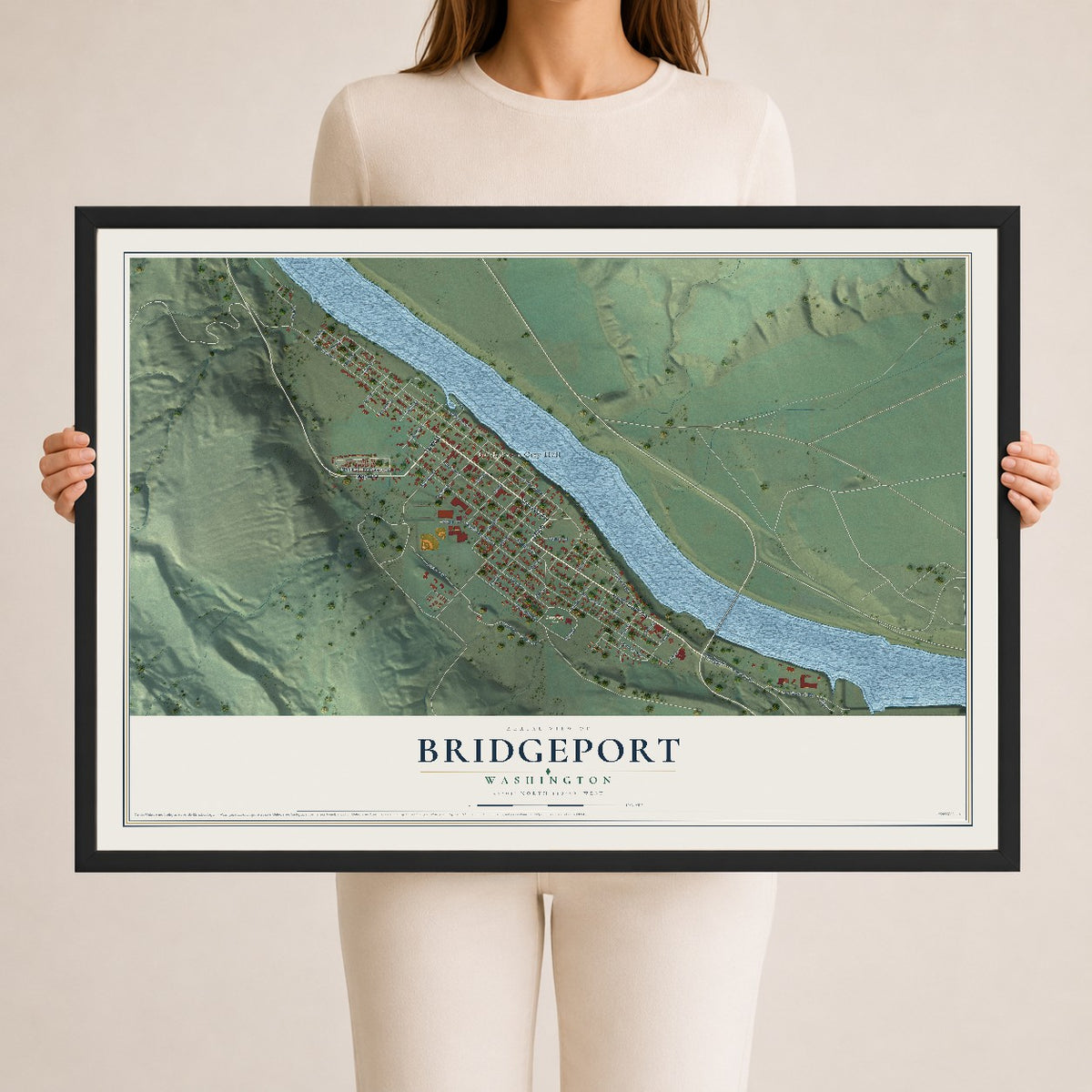 Map of Bridgeport, Washington, 24 x 36 inch print in a black wood frame