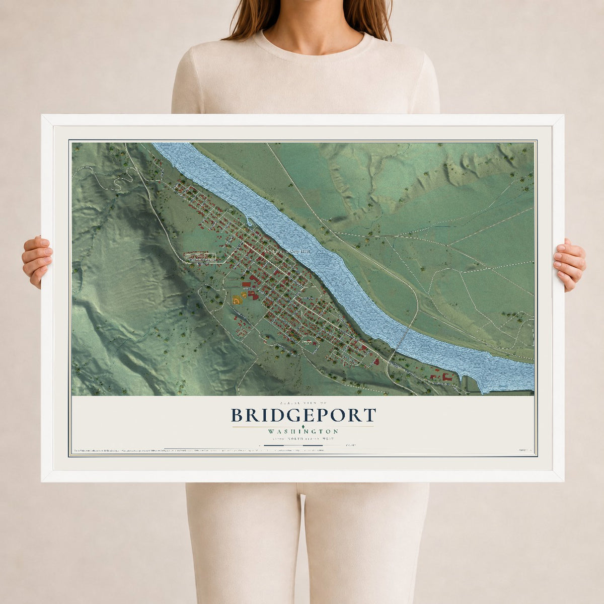 Map of Bridgeport, Washington, 24 x 36 inch print in a white wood frame