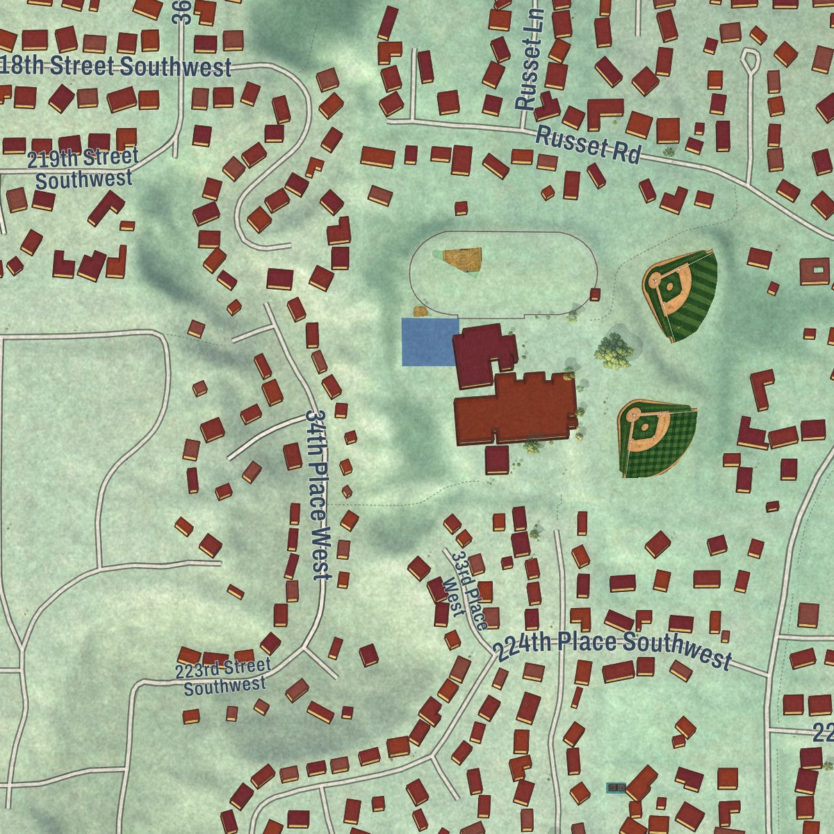 Second close-up of the map of Brier, Washington print showing more streets and buildings