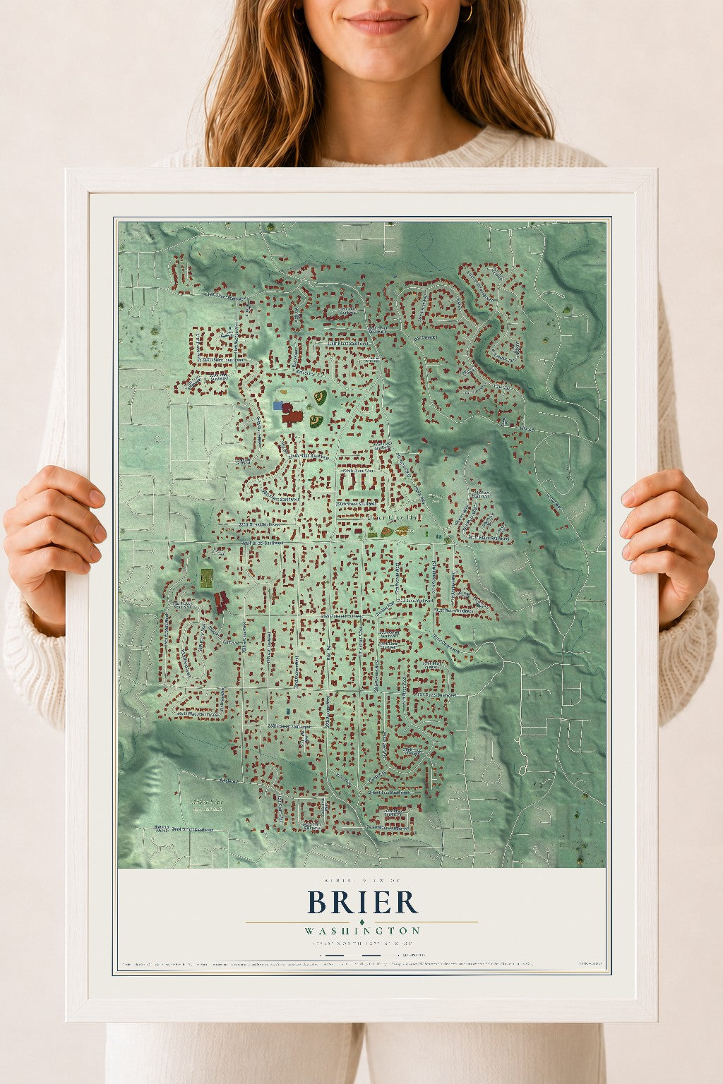 Map of Brier, Washington, 18 x 24 inch print in a white wood frame