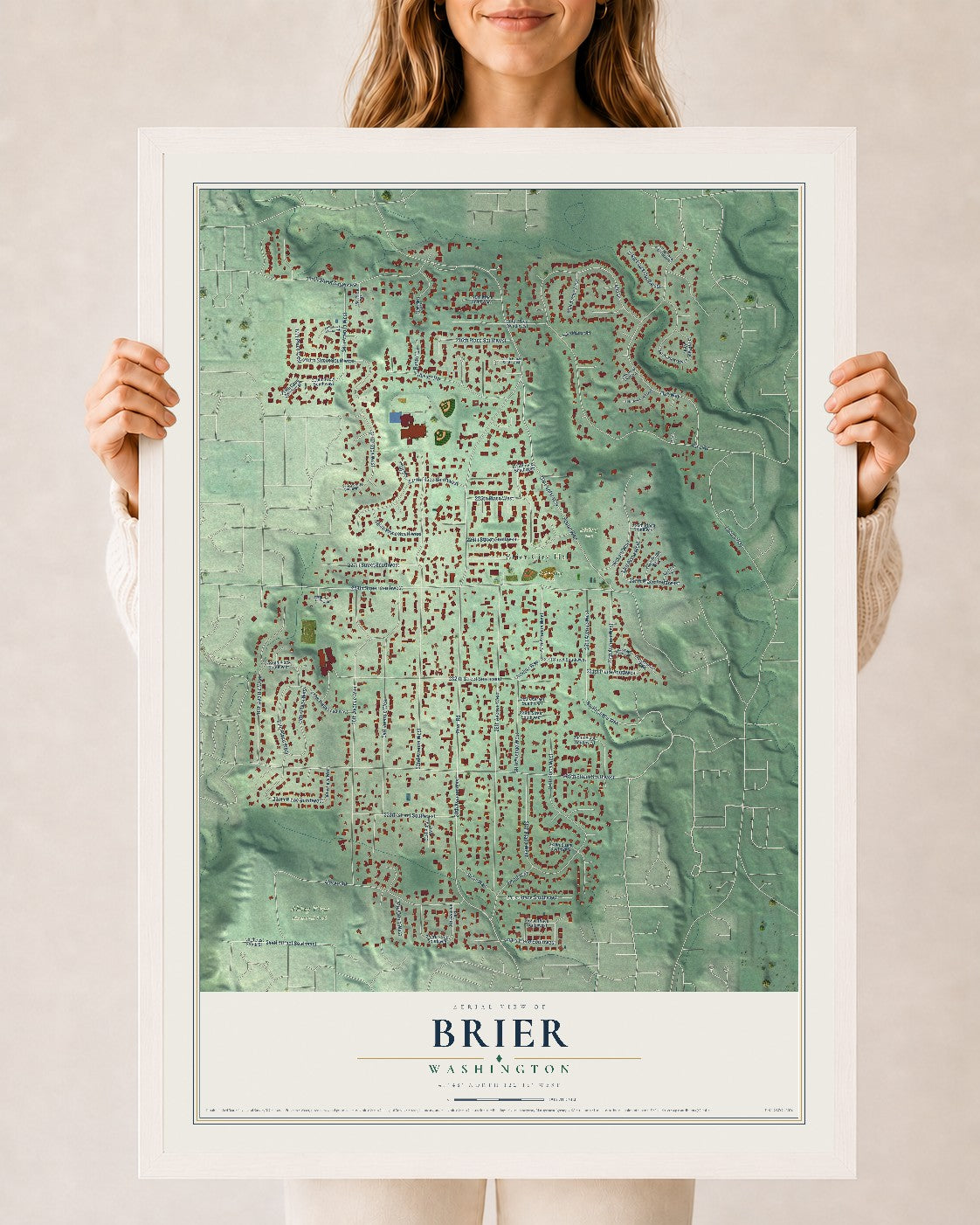 Map of Brier, Washington, 24 x 36 inch print in a white wood frame