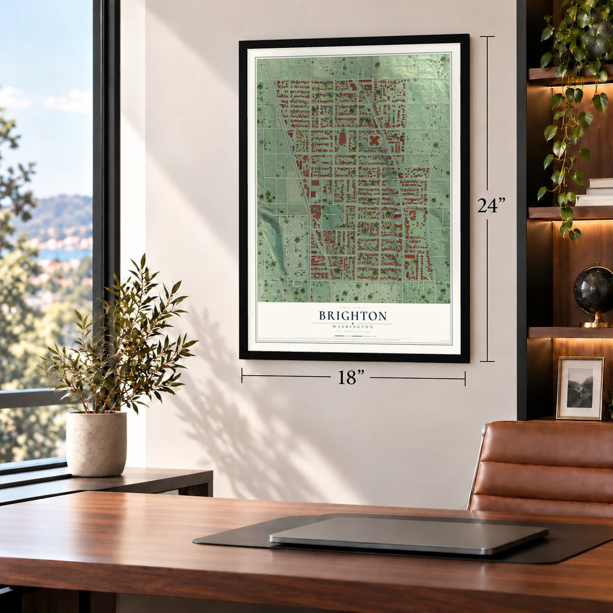 Brighton, Washington map, 18 x 24 inch print in a black frame in a home office