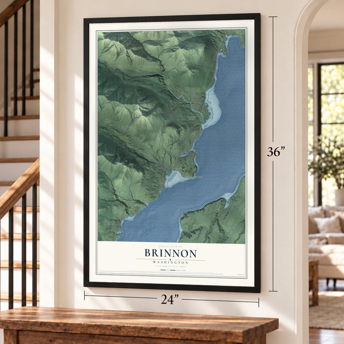 Brinnon, Washington map, 24 x 36 inch print in a black frame by a staircase