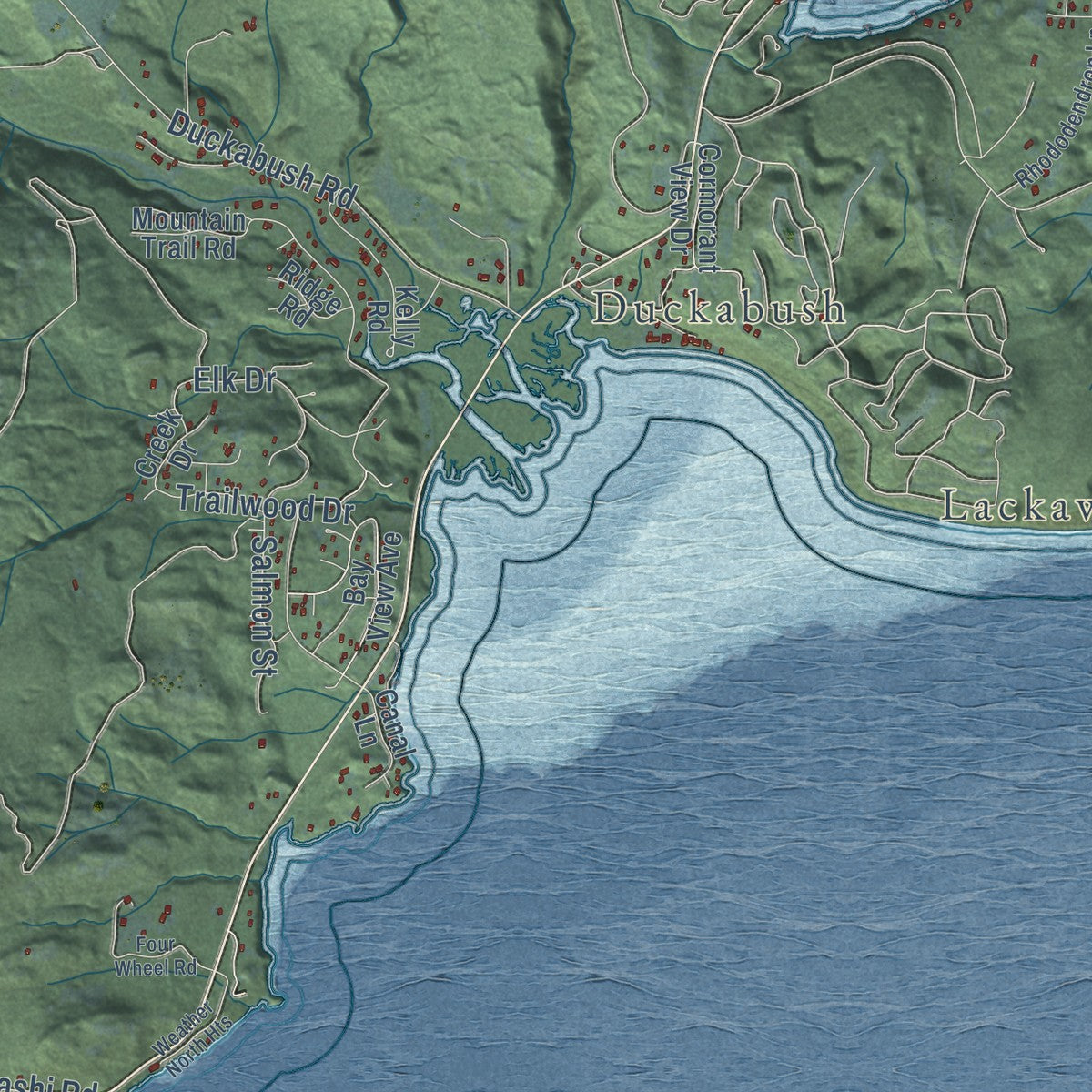 Close-up of the map of Brinnon, Washington print showing street and building detail