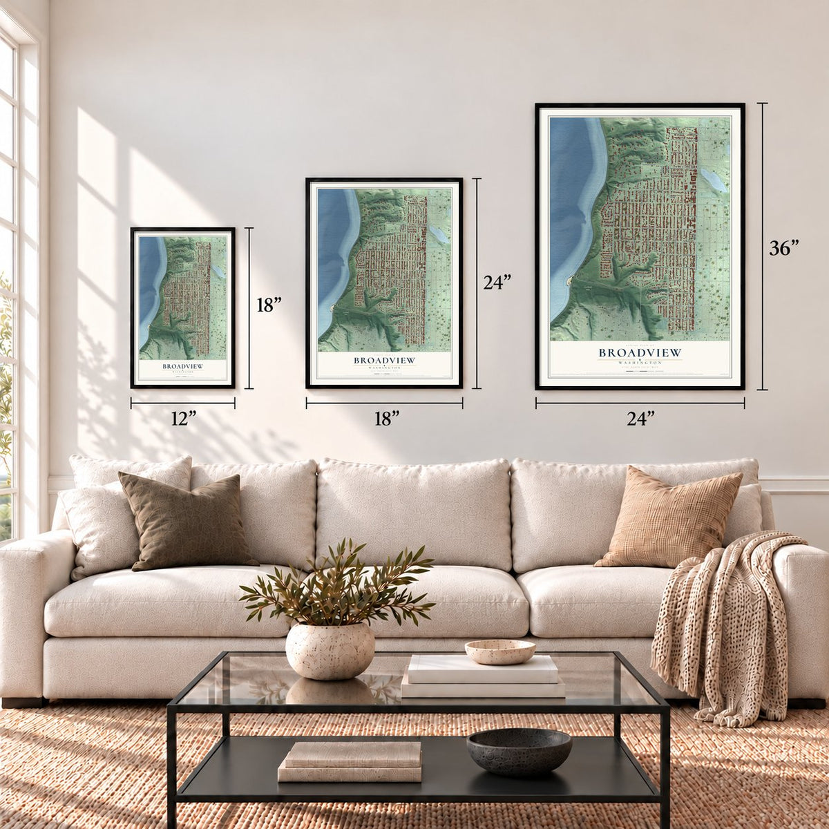 Broadview, Washington map in 12 x 18, 18 x 24 and 24 x 36 inch sizes above a sofa