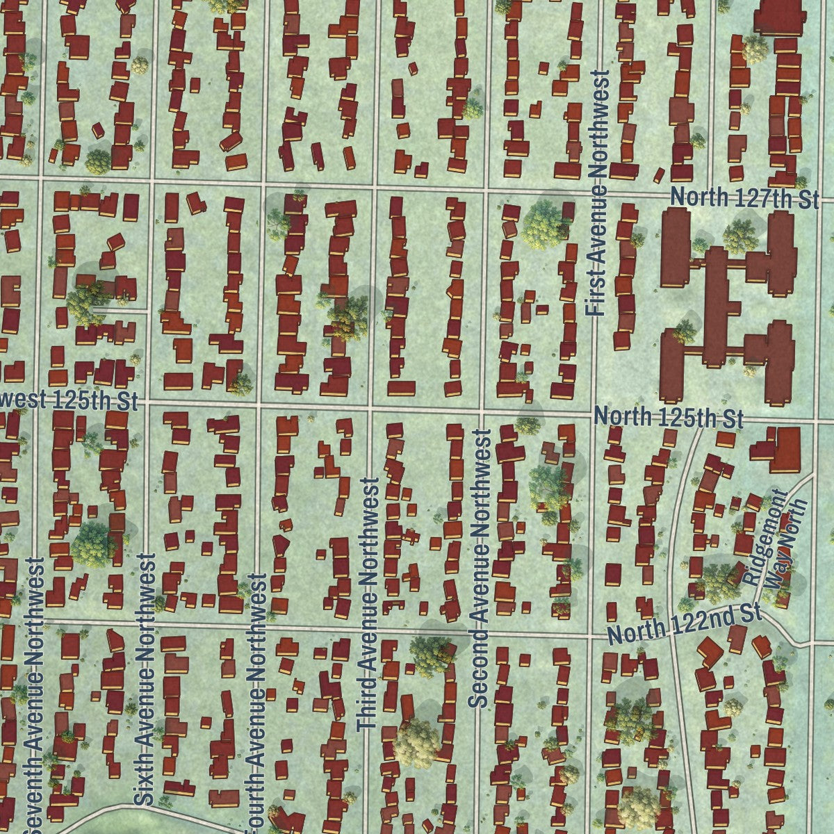 Close-up of the map of Broadview, Washington print showing street and building detail