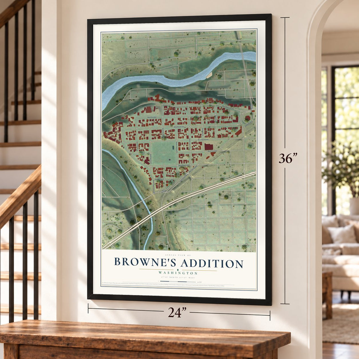 Browne's Addition, Washington map, 24 x 36 inch print in a black frame by a staircase