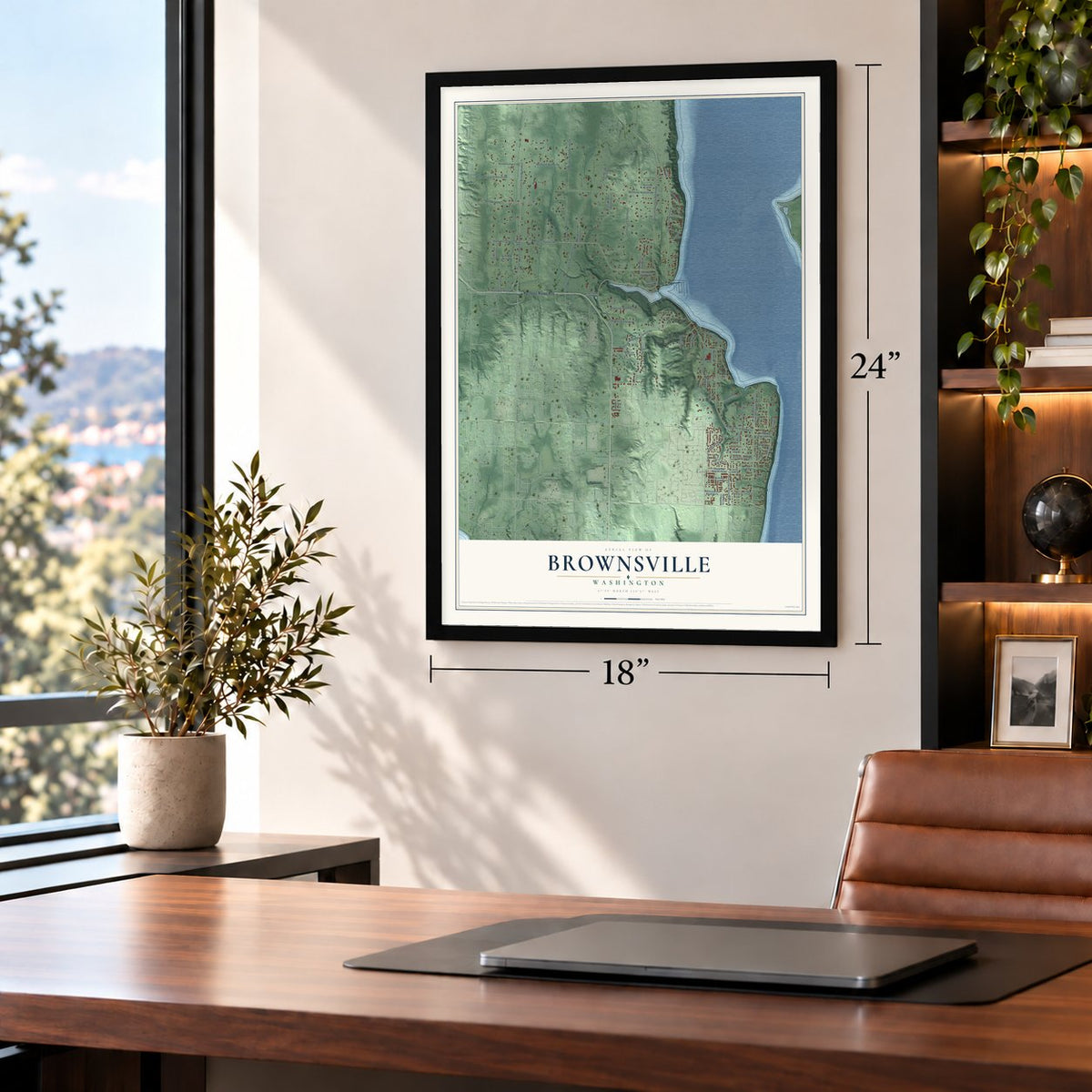 Brownsville, Washington map, 18 x 24 inch print in a black frame in a home office