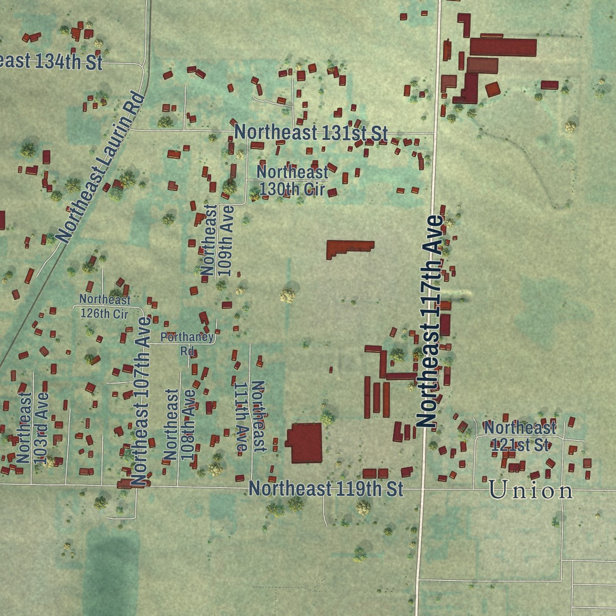 Close-up of the map of Brush Prairie, Washington print showing street and building detail