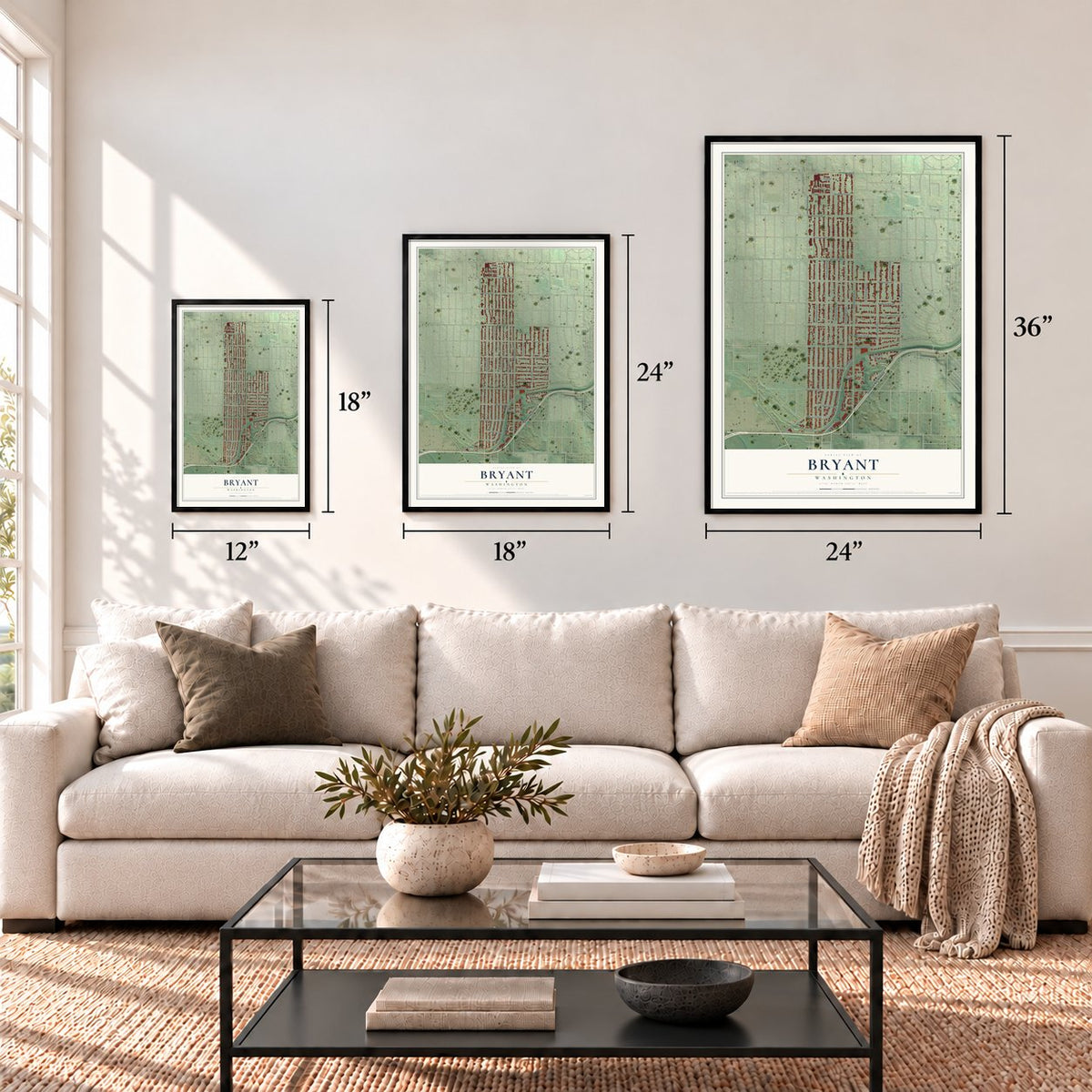 Bryant, Seattle, Washington map in 12 x 18, 18 x 24 and 24 x 36 inch sizes above a sofa