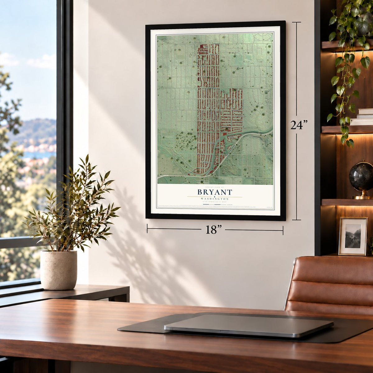 Bryant, Seattle, Washington map, 18 x 24 inch print in a black frame in a home office