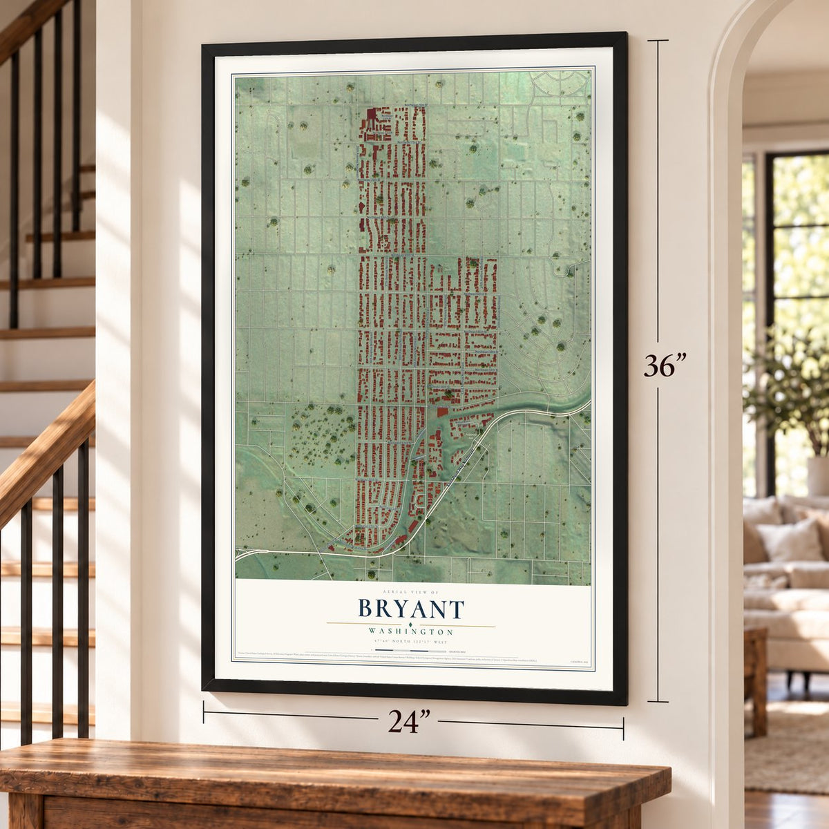 Bryant, Seattle, Washington map, 24 x 36 inch print in a black frame by a staircase