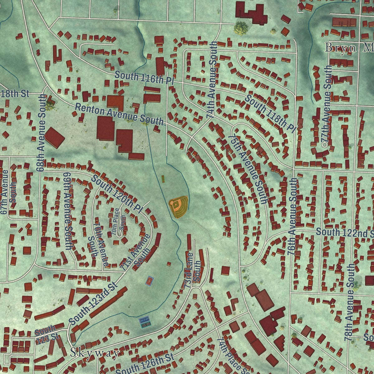 Close-up of the map of Bryn Mawr-Skyway, Washington print showing street and building detail