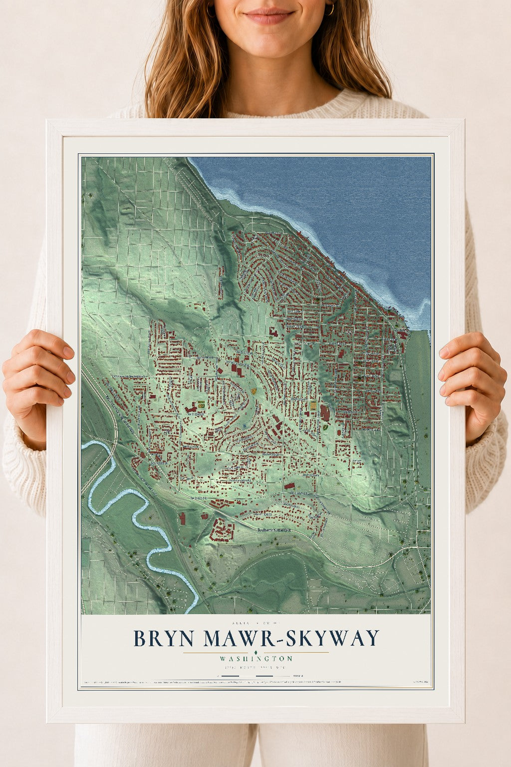 Map of Bryn Mawr-Skyway, Washington, 18 x 24 inch print in a white wood frame