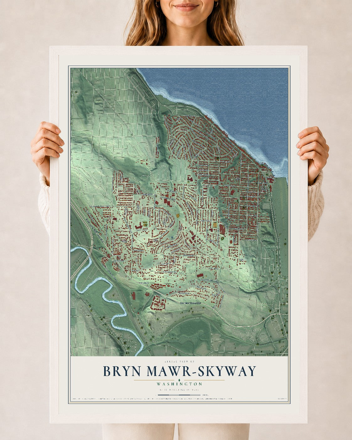 Map of Bryn Mawr-Skyway, Washington, 24 x 36 inch print in a white wood frame