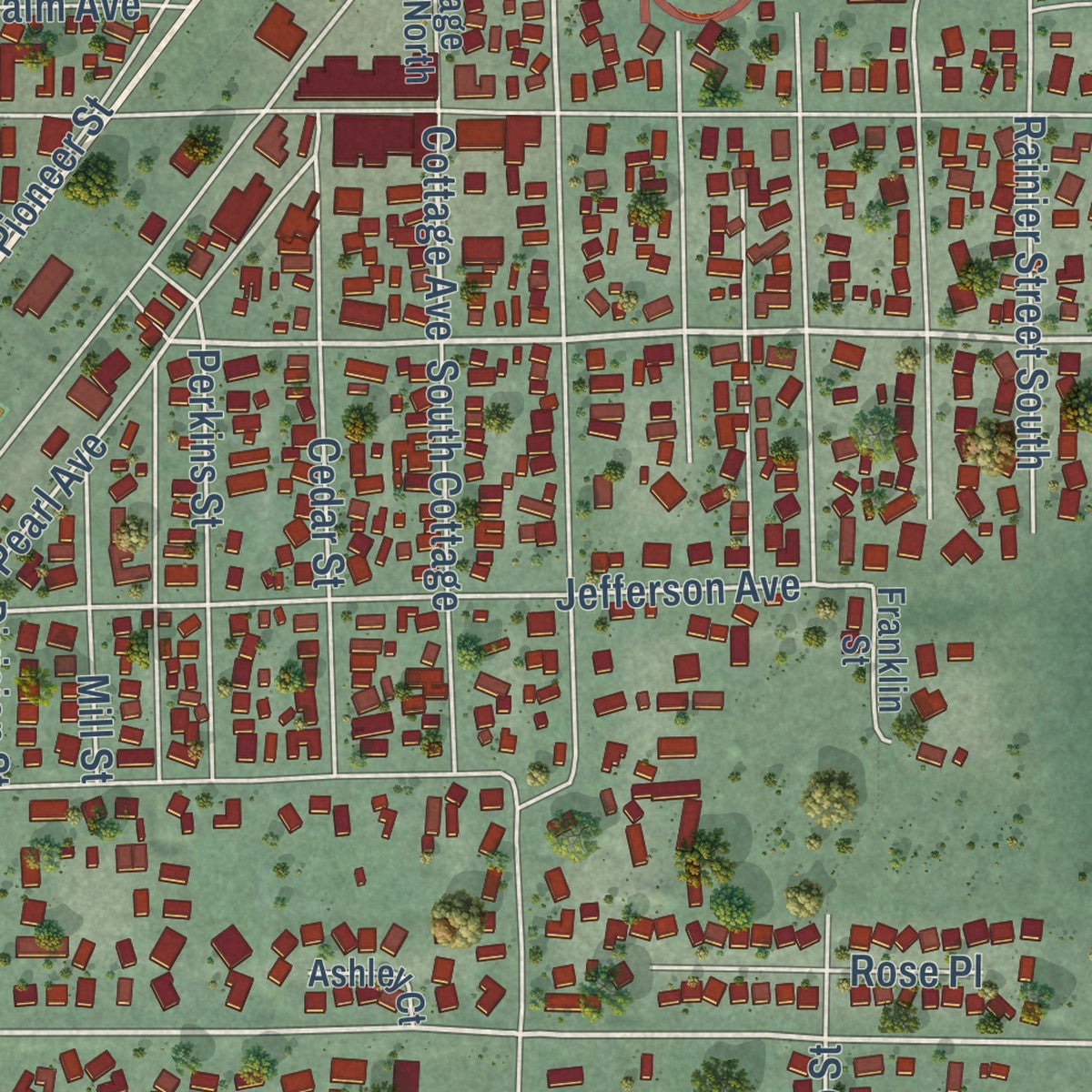 Close-up of the map of Buckley, Washington print showing street and building detail