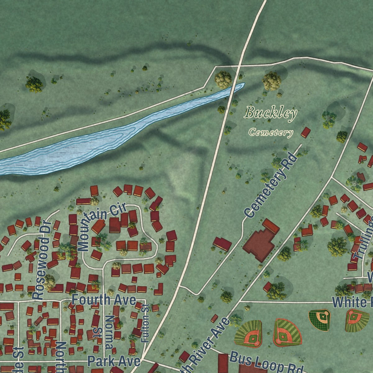 Second close-up of the map of Buckley, Washington print showing more streets and buildings