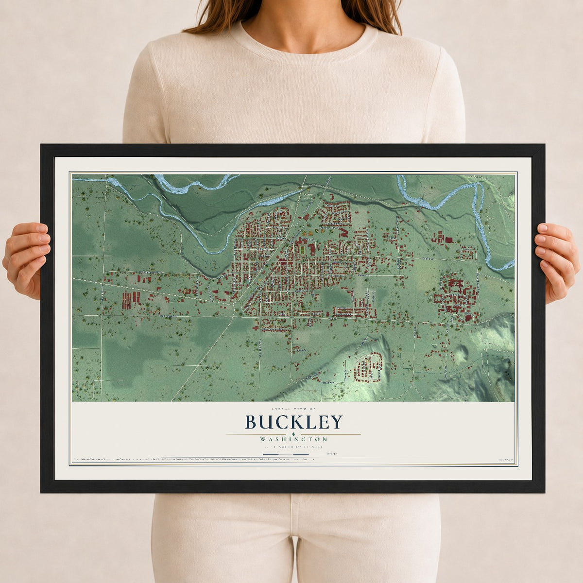 Map of Buckley, Washington, 12 x 18 inch print in a black wood frame