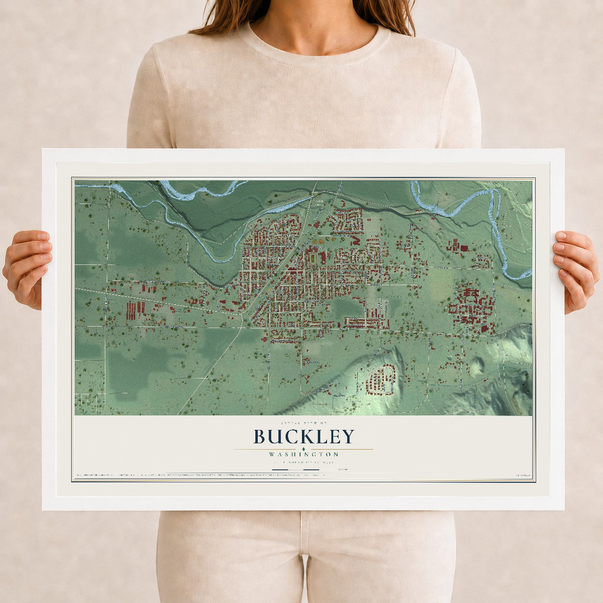 Map of Buckley, Washington, 12 x 18 inch print in a white wood frame