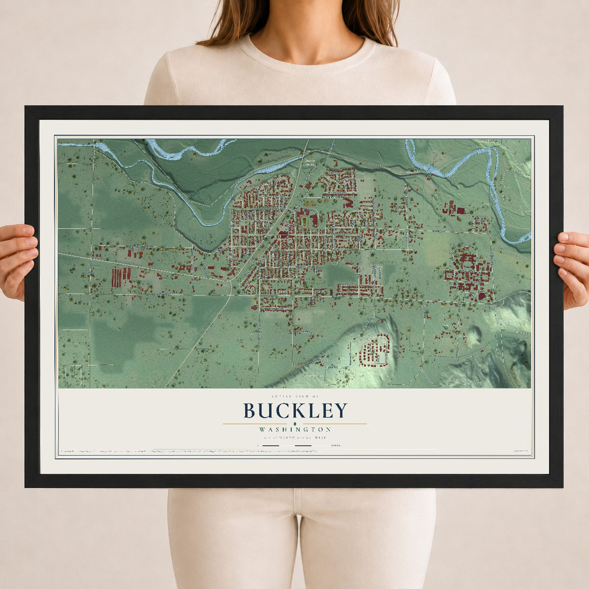 Map of Buckley, Washington, 18 x 24 inch print in a black wood frame