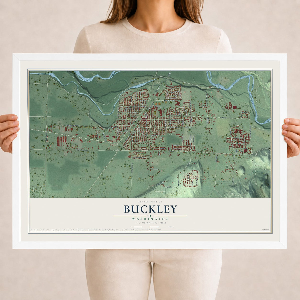 Map of Buckley, Washington, 18 x 24 inch print in a white wood frame