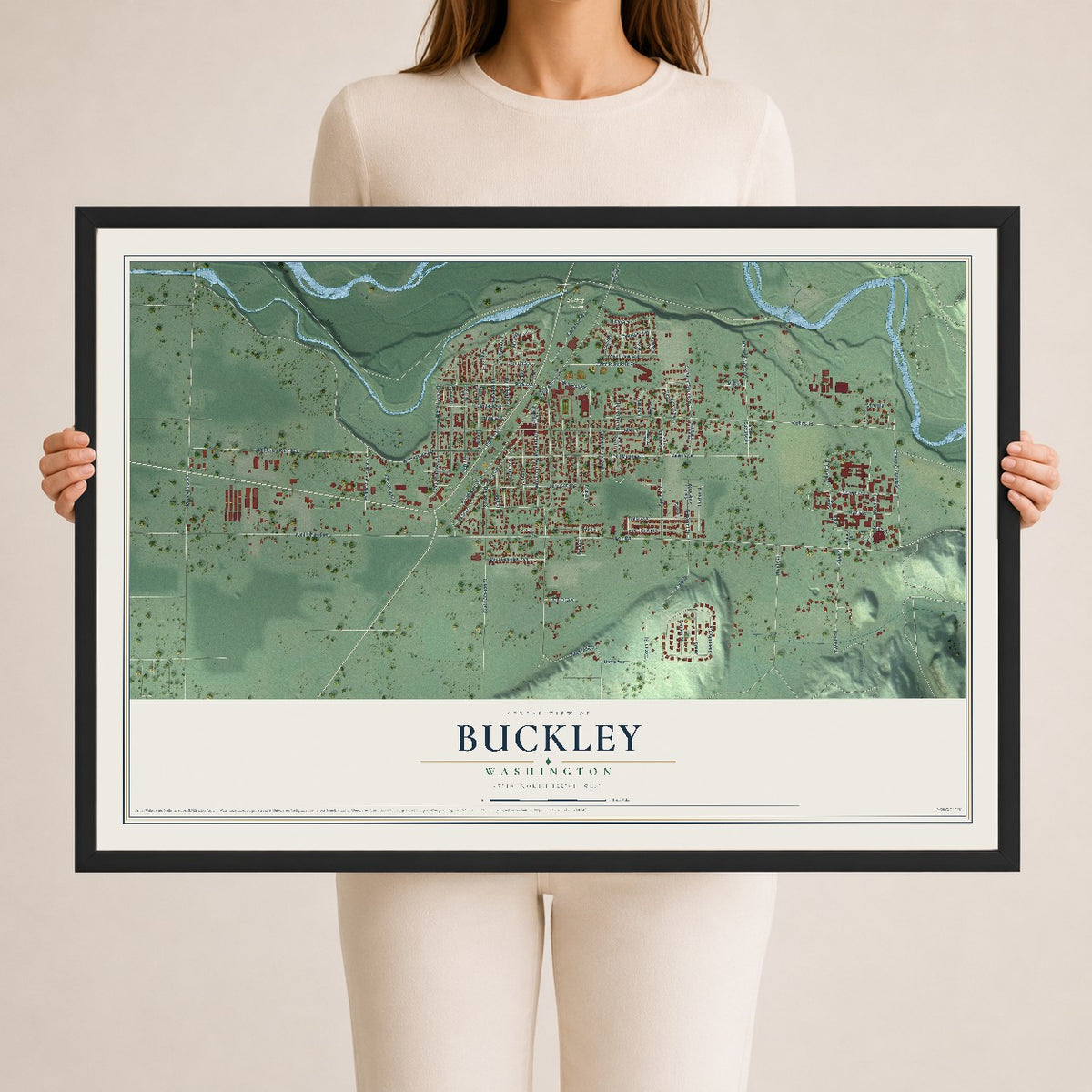 Map of Buckley, Washington, 24 x 36 inch print in a black wood frame