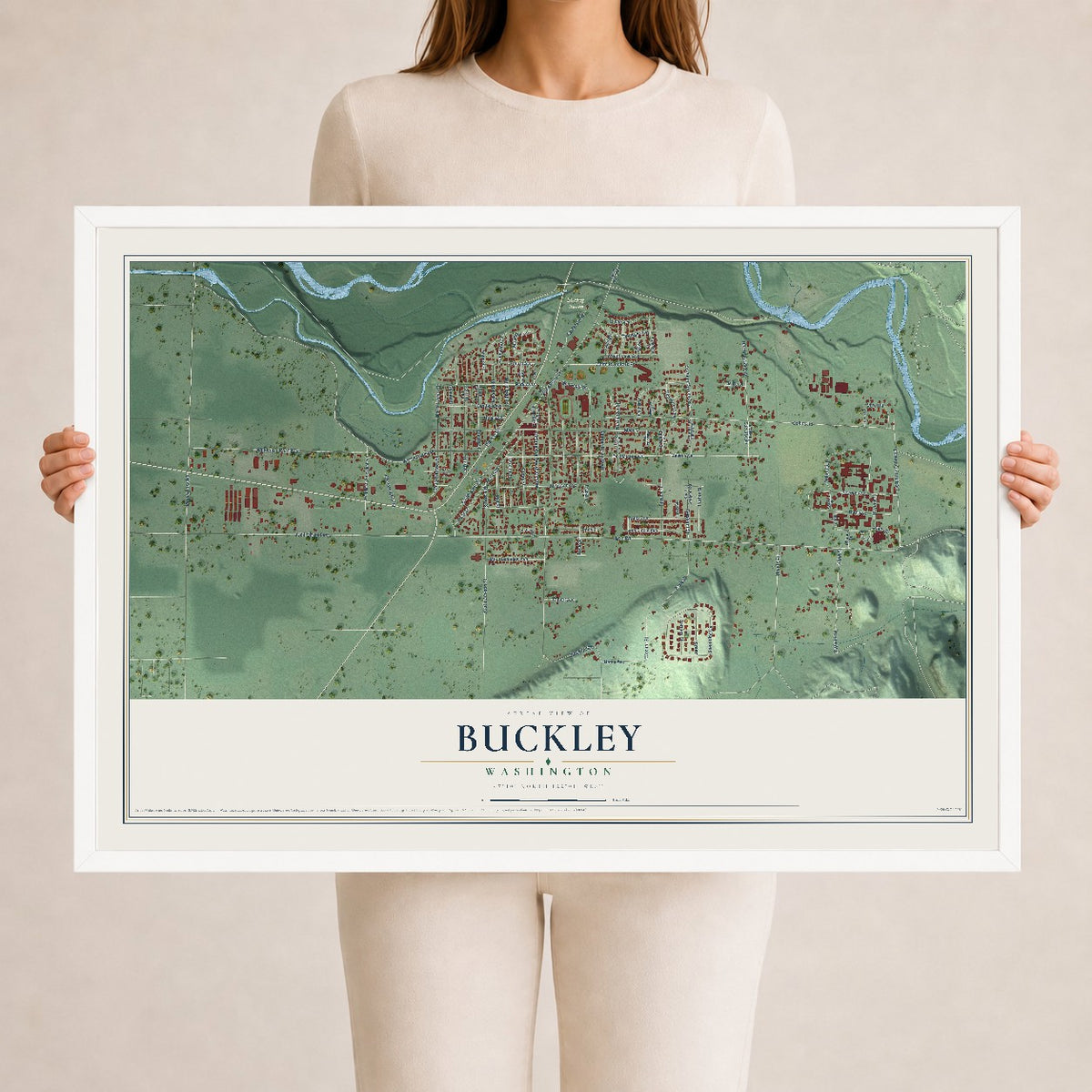 Map of Buckley, Washington, 24 x 36 inch print in a white wood frame