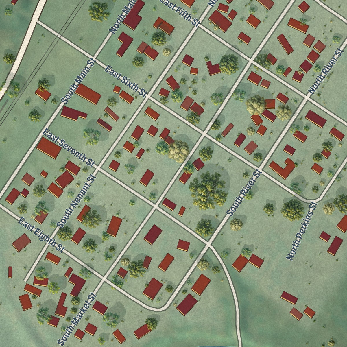 Close-up of the map of Bucoda, Washington print showing street and building detail