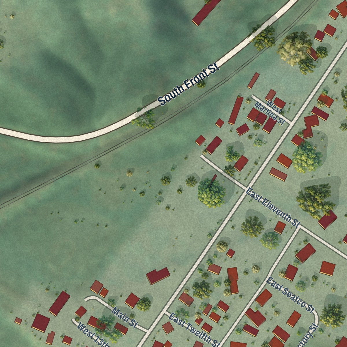 Second close-up of the map of Bucoda, Washington print showing more streets and buildings