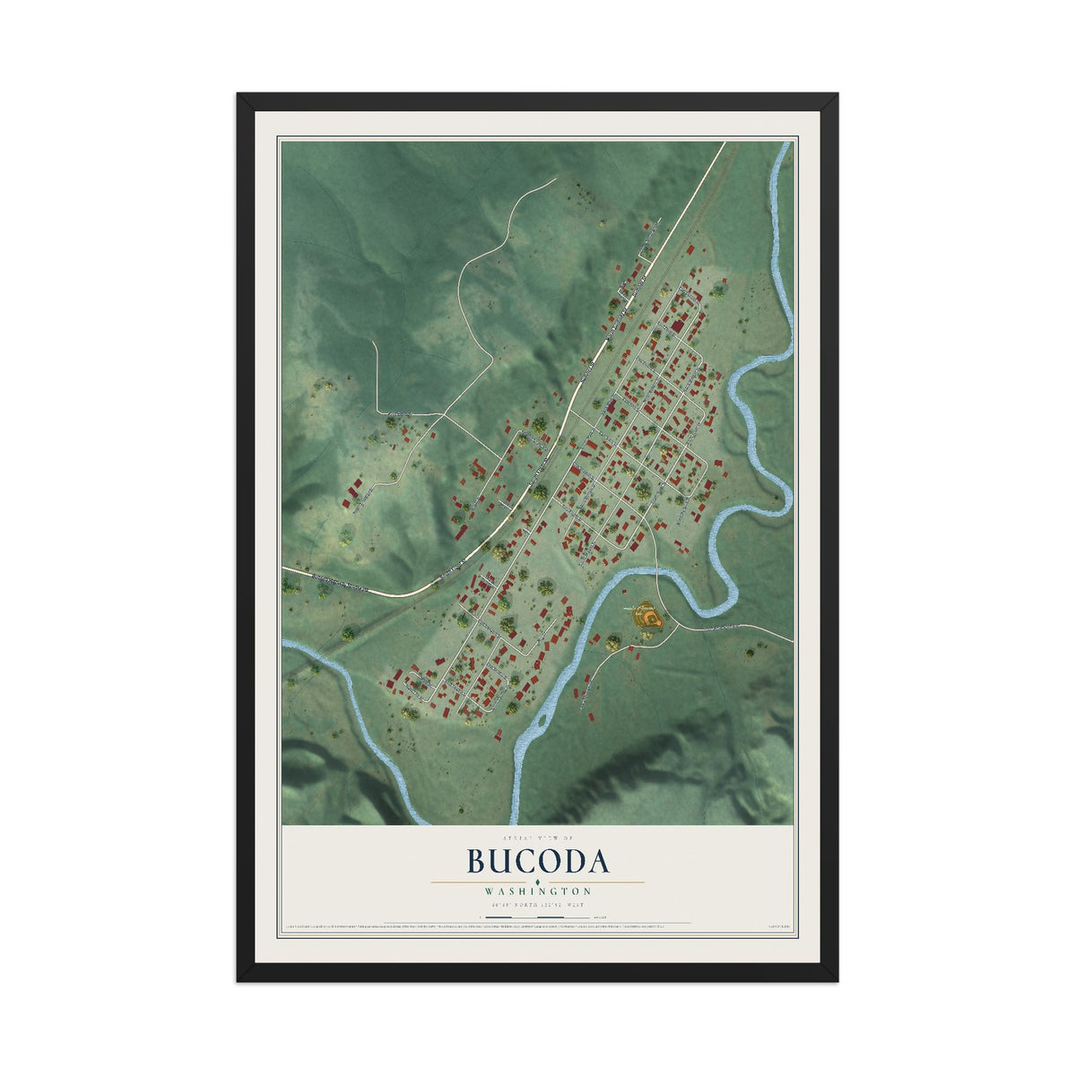 Map of Bucoda, Washington, 12 x 18 inch print in a black wood frame