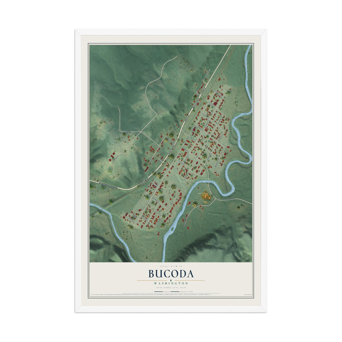 Map of Bucoda, Washington, 12 x 18 inch print in a white wood frame