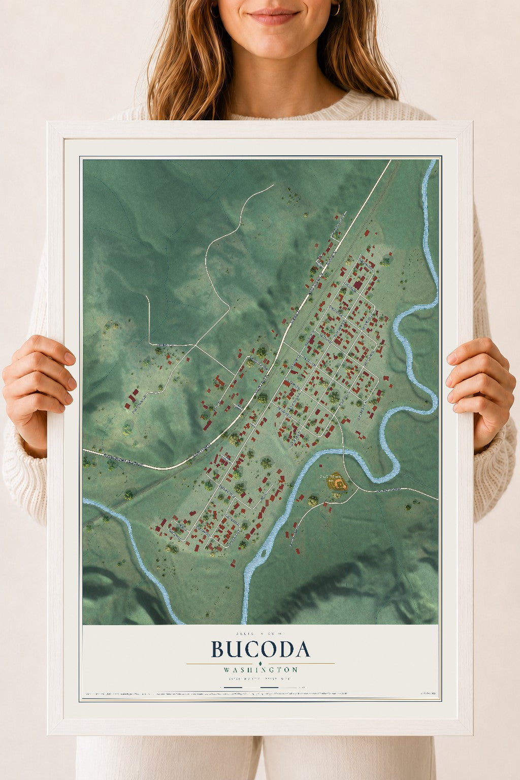 Map of Bucoda, Washington, 18 x 24 inch print in a white wood frame