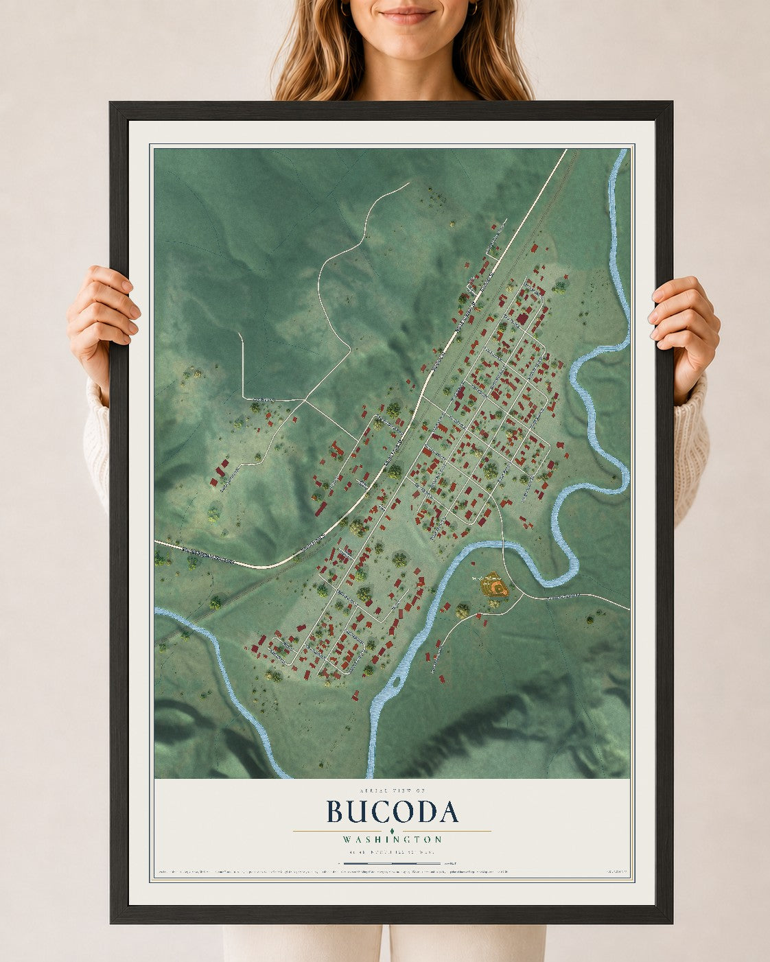 Map of Bucoda, Washington, 24 x 36 inch print in a black wood frame