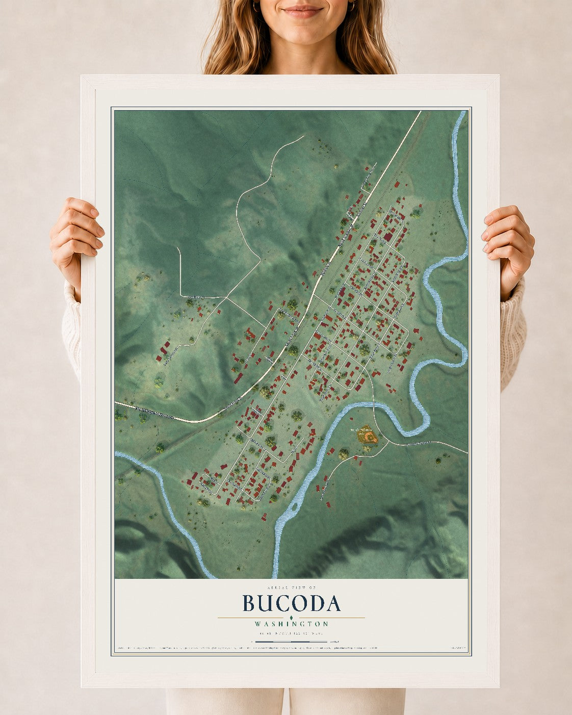 Map of Bucoda, Washington, 24 x 36 inch print in a white wood frame